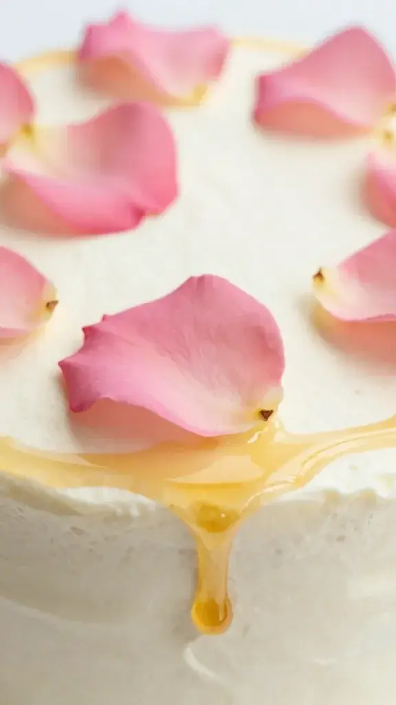 Macro shot of delicate rose petals and honey drizzle on cake surface