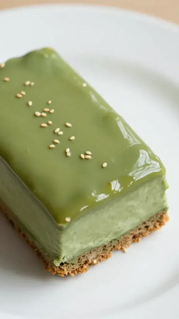 closeup of matcha tea cake slice against white plate, glossy sesame glaze