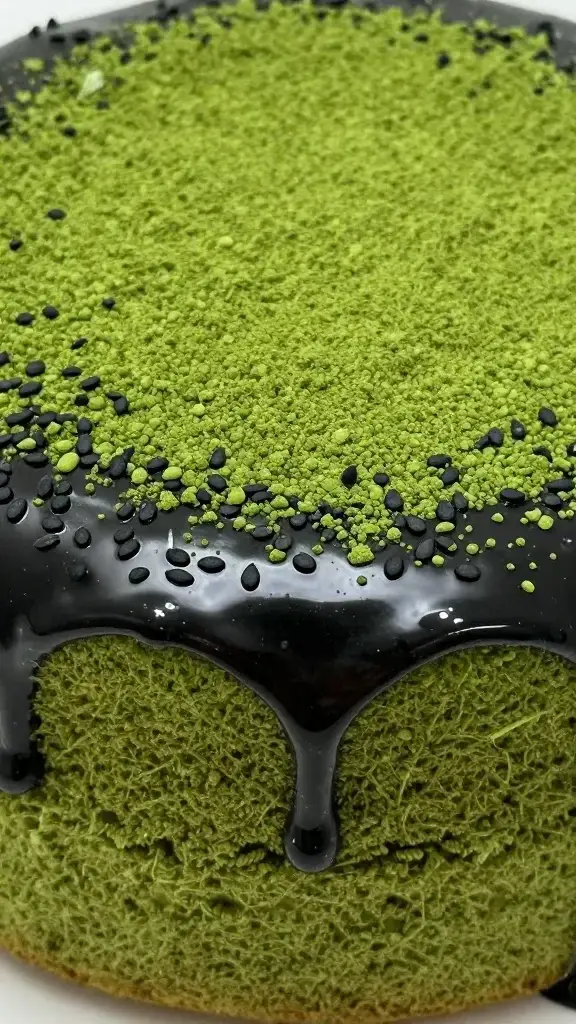 closeup of glossy black sesame glaze on matcha cake surface, vivid green crumb