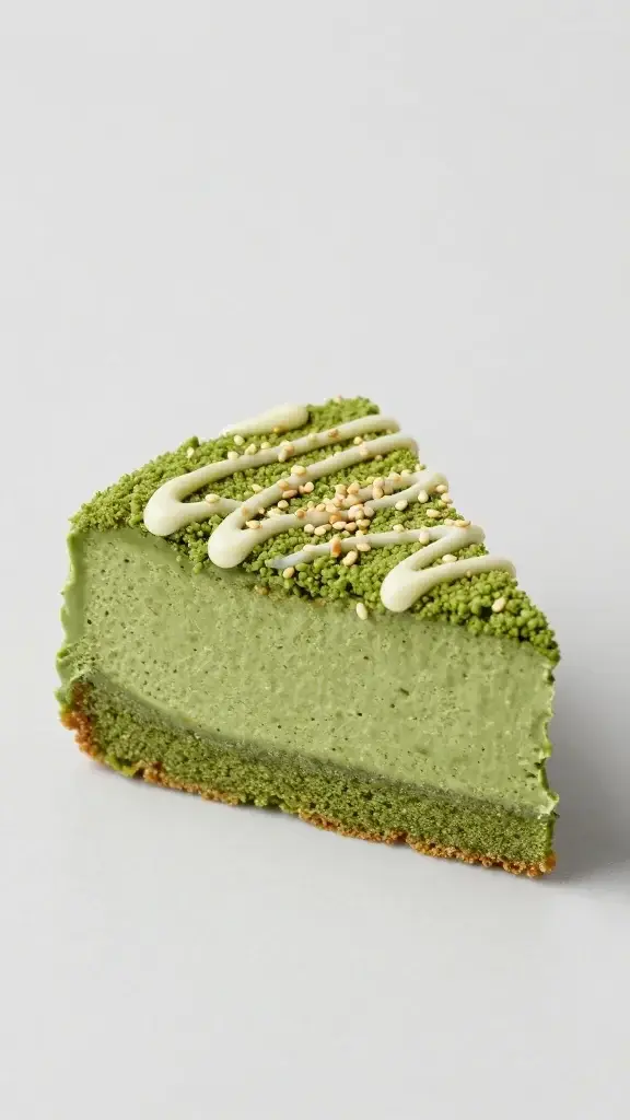 closeup of single matcha cake shard with sesame drizzle, minimal backdrop