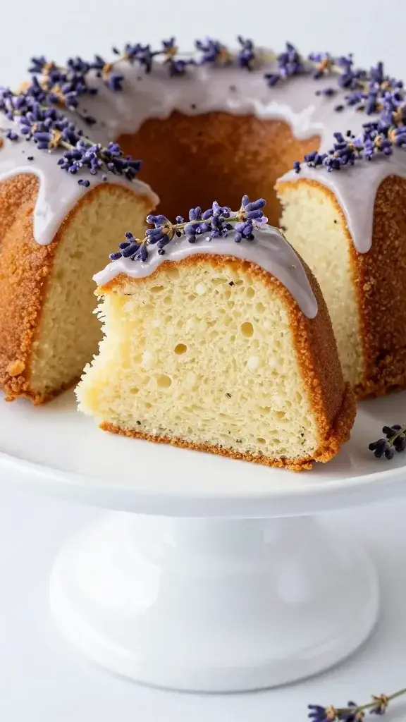 Closeup of Lavender Earl Grey Bundt cake slice on a white pedestal cake stand