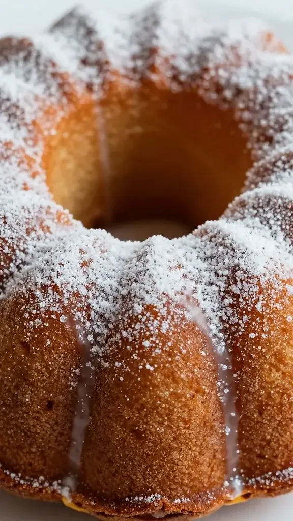 Closeup of delicate sugar dusting on top of bundt cake glaze