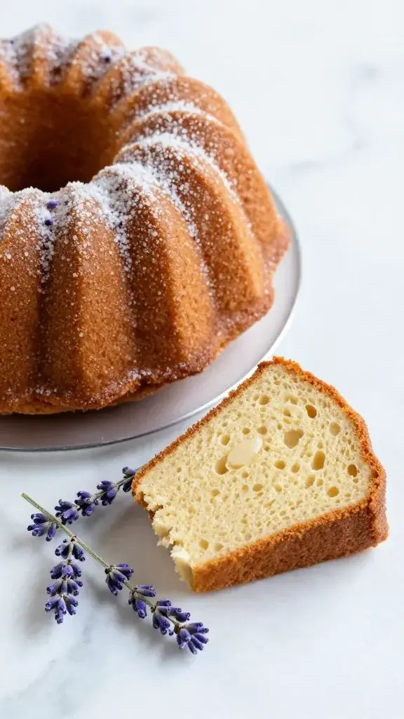 Tight shot of lavender sprig resting beside a bundt cake slice on marble backdrop