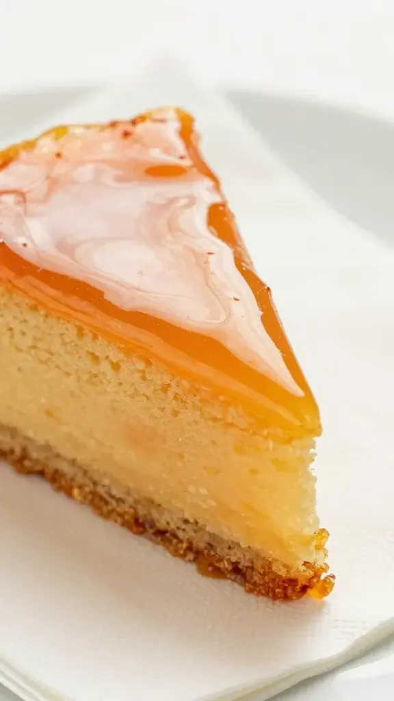 Closeup: orange honey tea cake slice on a napkin with a glossy glaze