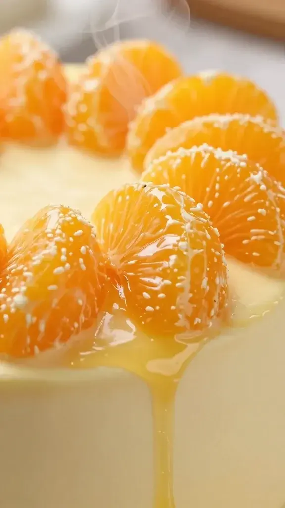 Closeup: zest and orange segments atop a glossy cake corner, light tea steam
