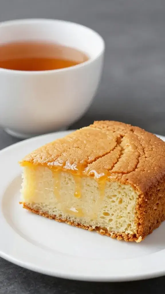 Closeup: single tea cup beside a brushed butter-honey cake slice on white plate