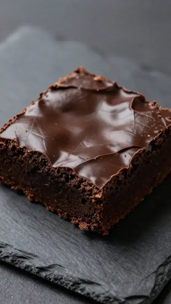 Close-up of glossy dark chocolate brownie square on slate board