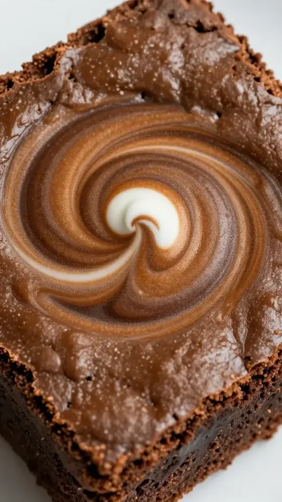 Close-up of espresso swirl on fudgy brownie surface