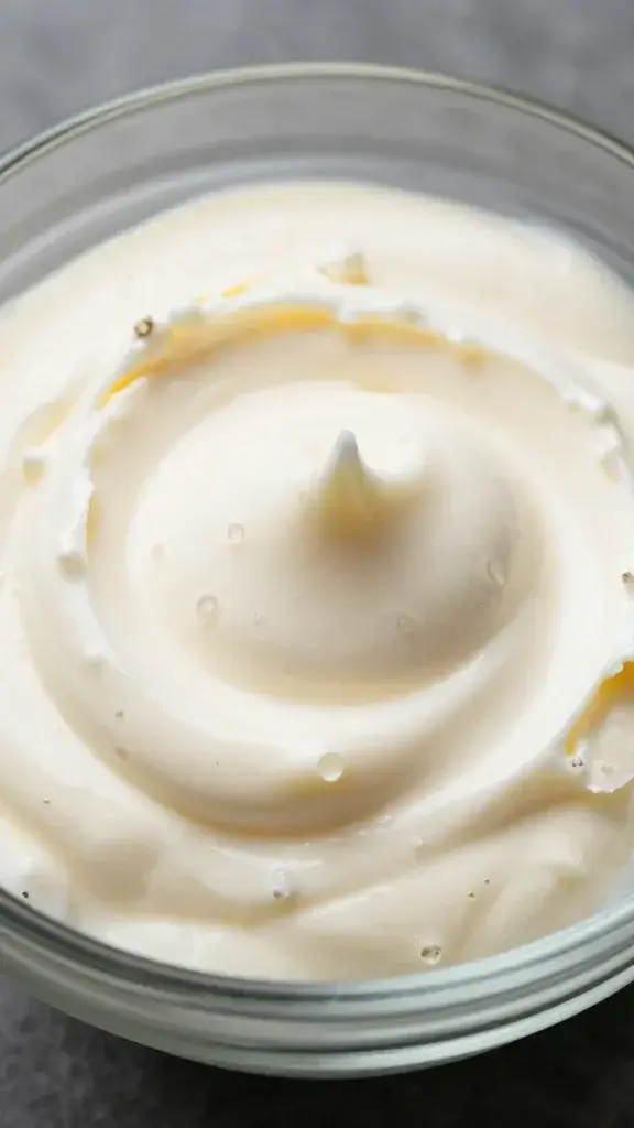 Macro shot of mascarpone cream with rose water swirl in glass bowl