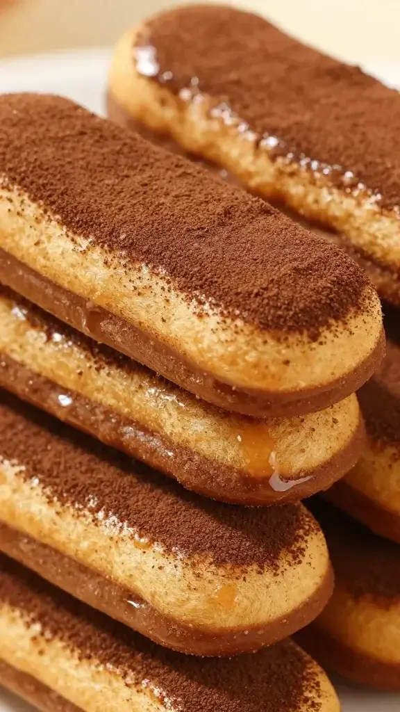 Focused shot of coffee-soaked ladyfingers layers under glossy cocoa dusting