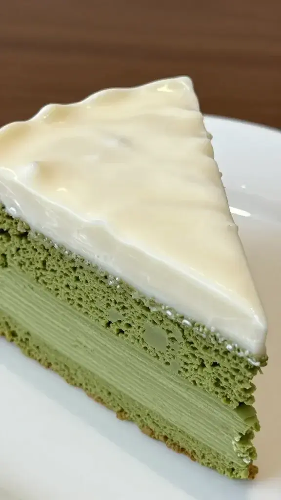 Closeup of a single matcha cake slice with glossy white chocolate glaze