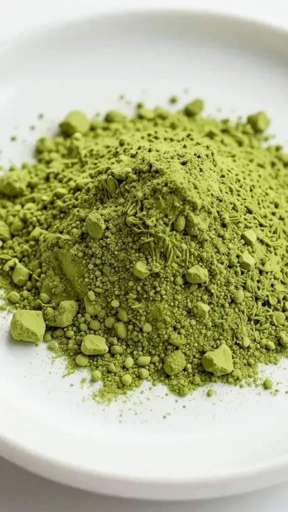 Closeup of vibrant matcha powder on a pristine ceramic plate