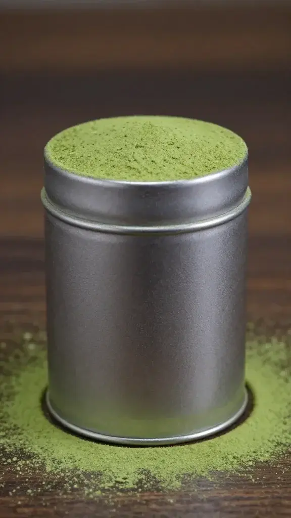Portrait shot of a single ceremonial-grade matcha tin with powder dusting