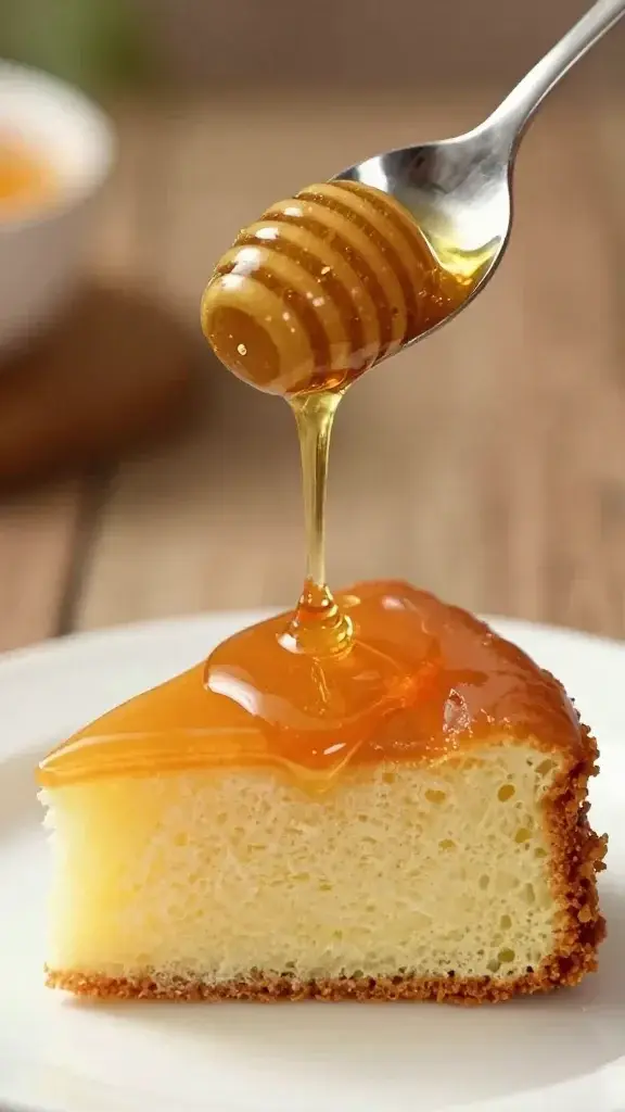 Closeup of a spoon drizzle of honey over a single cake wedge