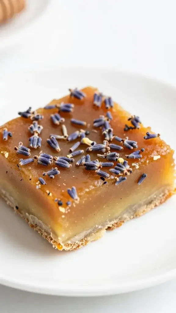 closeup of Lavender Honey Chamomile Tea Cake slice on white plate