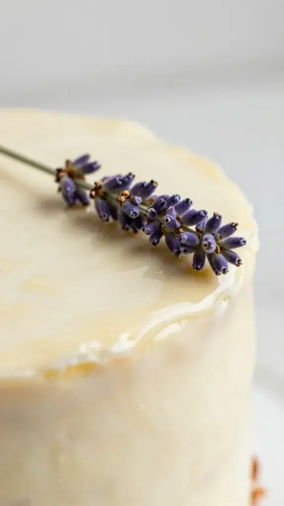 closeup of lavender sprig resting atop glazed cake edge