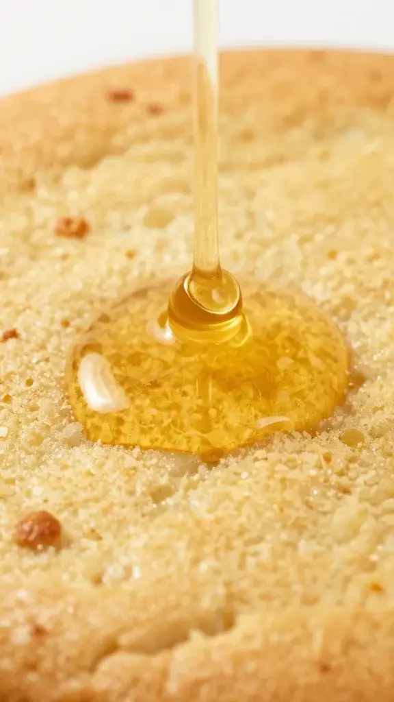 closeup of honey drizzle pooling on soft crumb cake surface