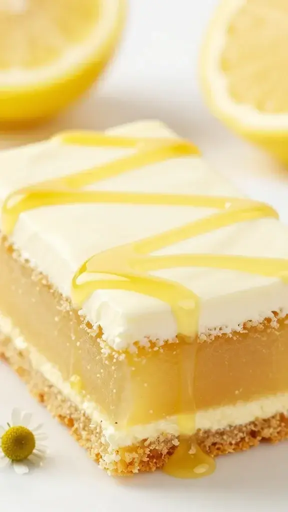 Closeup of chamomile tea cake slice with lemon drizzle