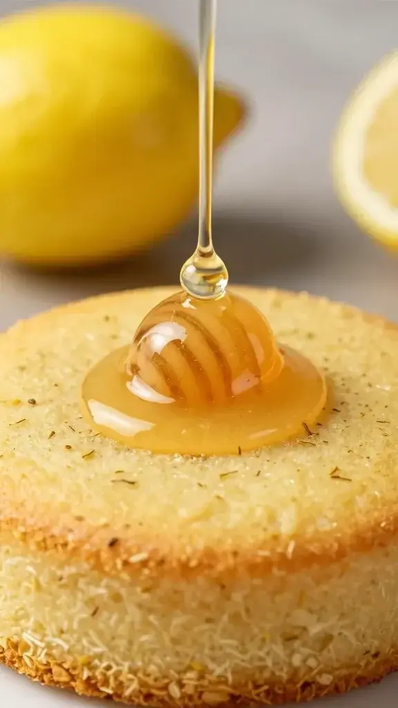 Closeup of lemon honey drizzle pouring over chamomile cake
