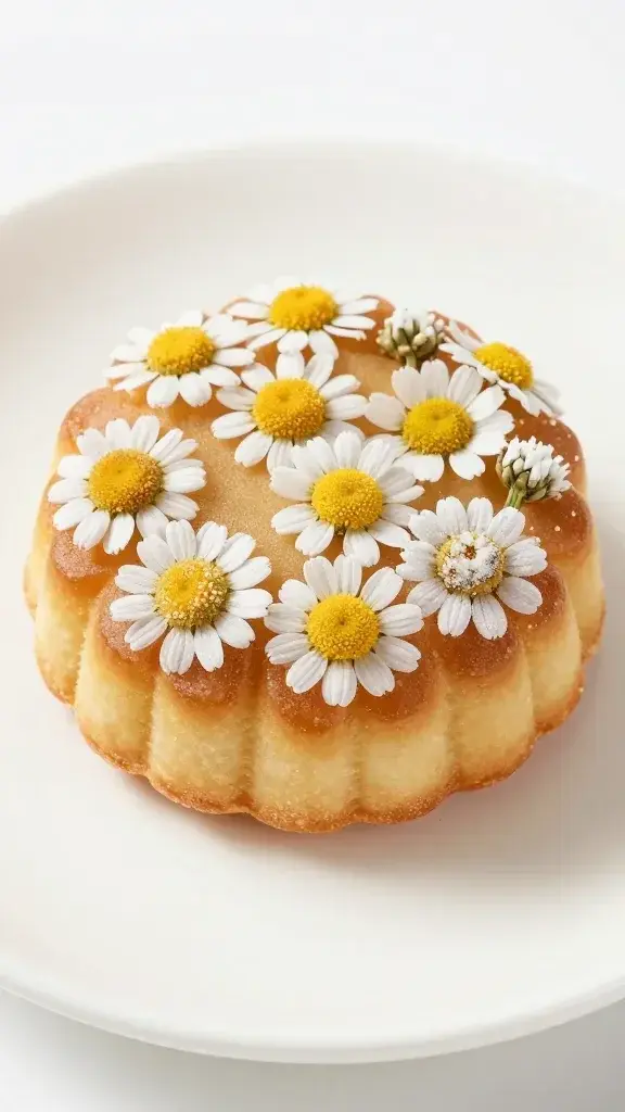 Closeup of frosted chamomile tea cake on simple white plate