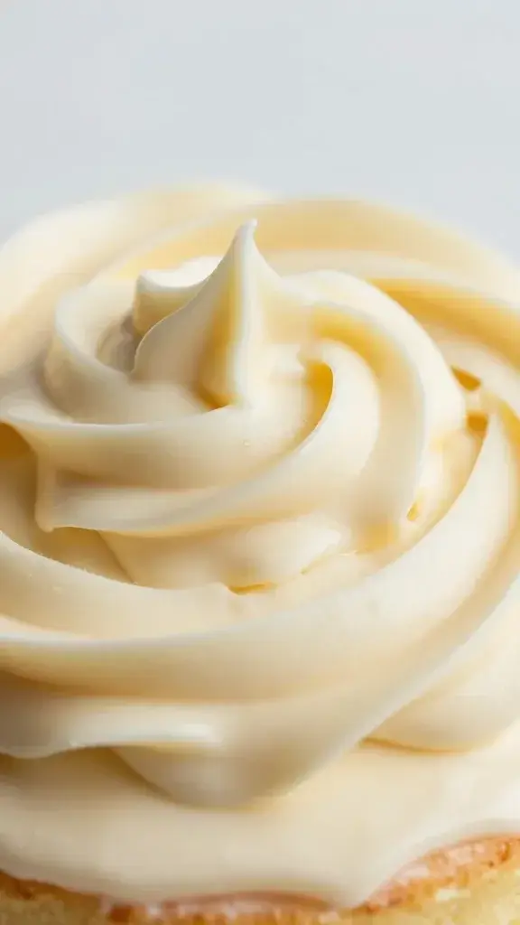 Closeup of vanilla bean icing swirl on cake top, soft focus background