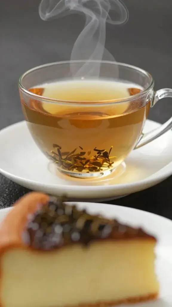 Single tea cup with bergamot steam, blurred cake in foreground