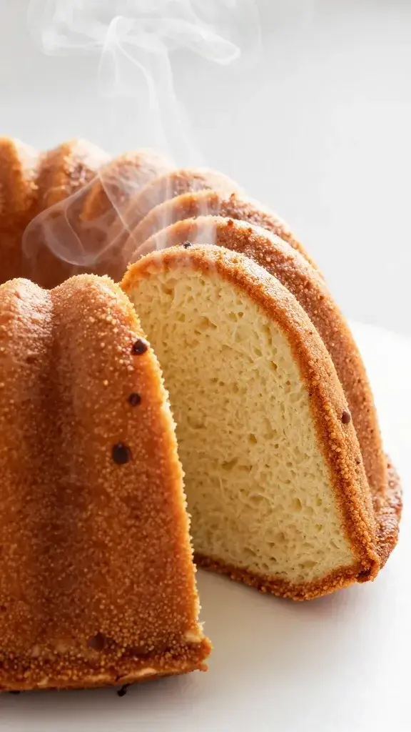 side-profile closeup of sliced Bundt cake releasing steam