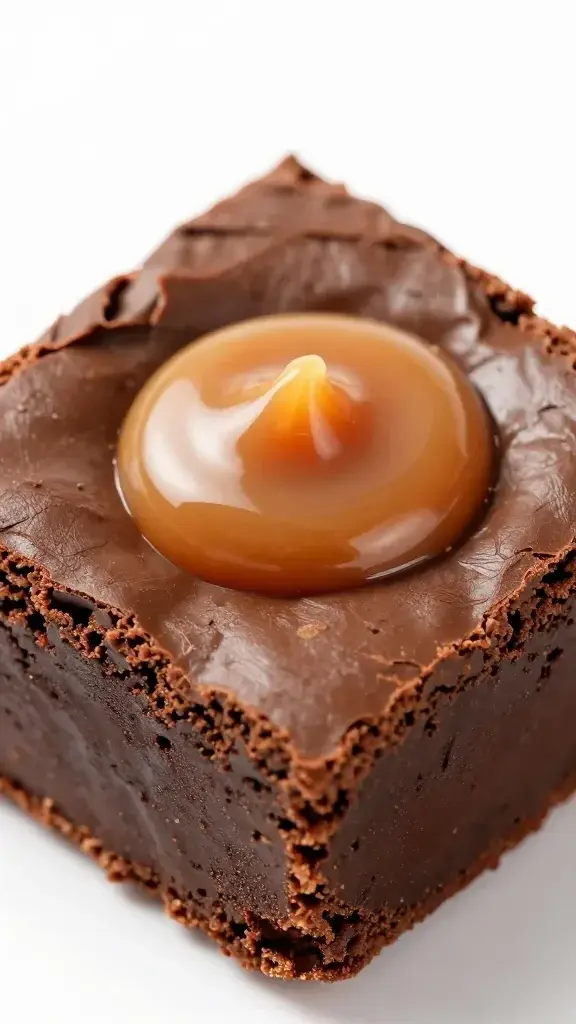 Closeup of a glossy brownie bite with caramel center
