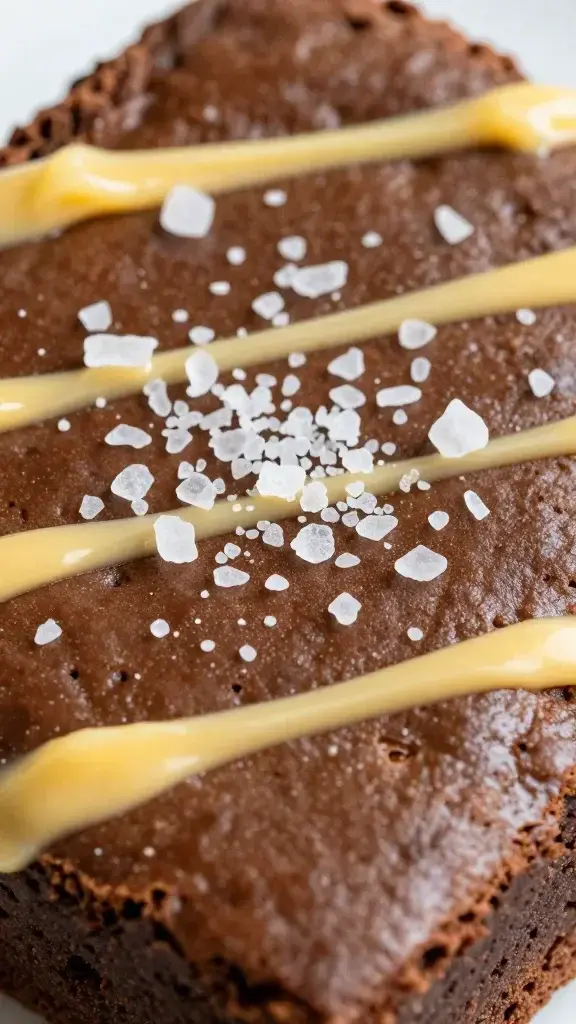 Closeup of brown butter surface on a brownie top, sea salt crystals