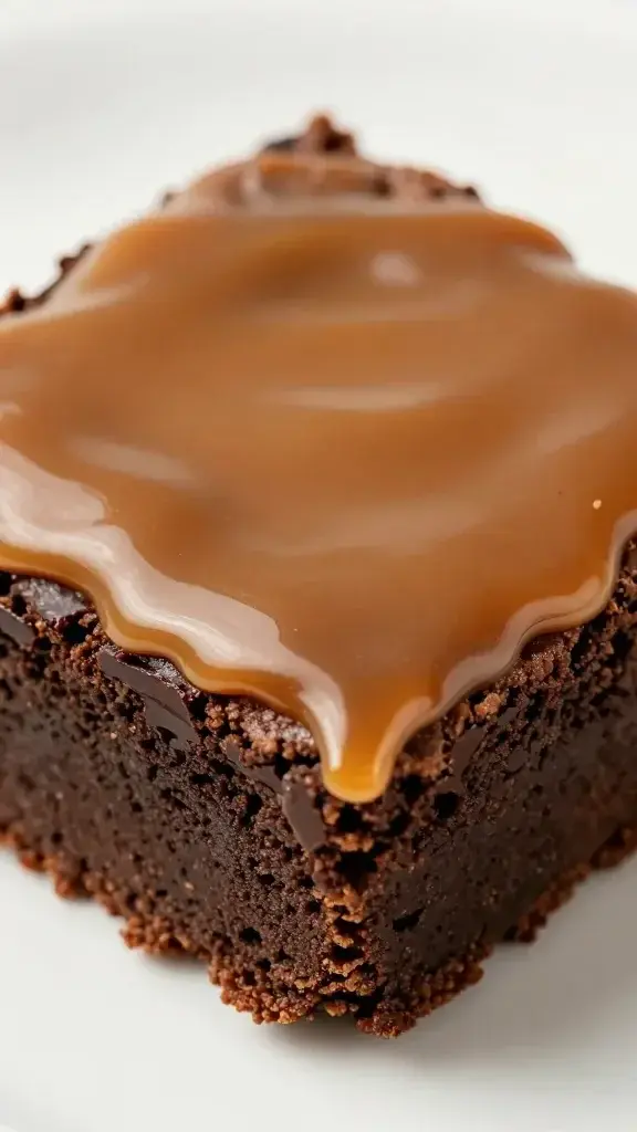 Closeup of fudgy brownie slice with caramel glow and dark chocolate edge